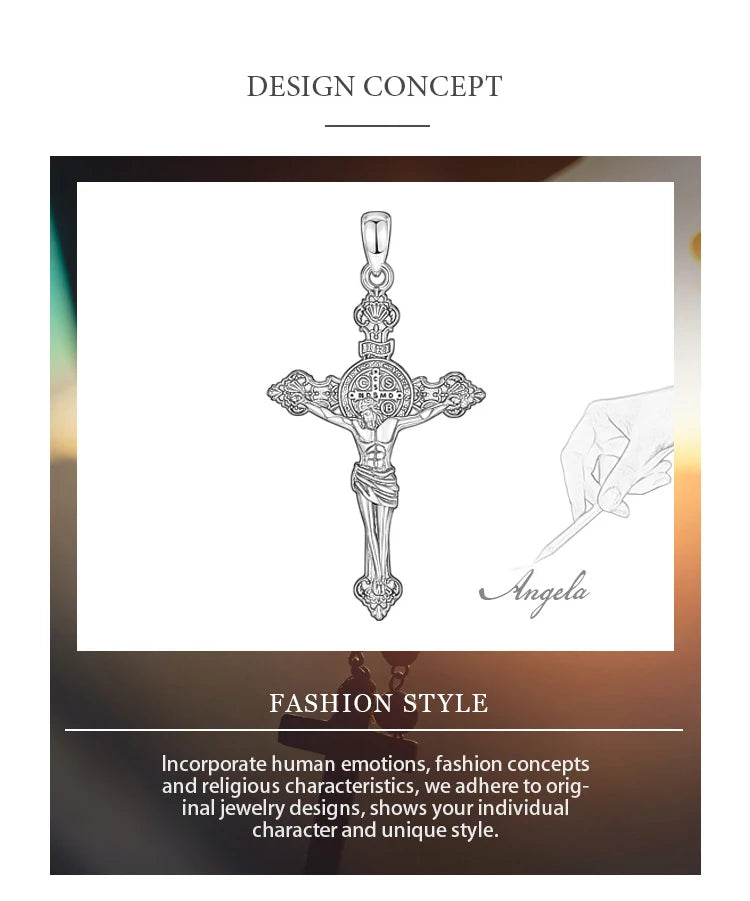 Eudora 925 Sterling Silver Jesus Necklace St. Benedict's Cross Vintage Amulet Pendant Religious Jewelry Gift for Men Women