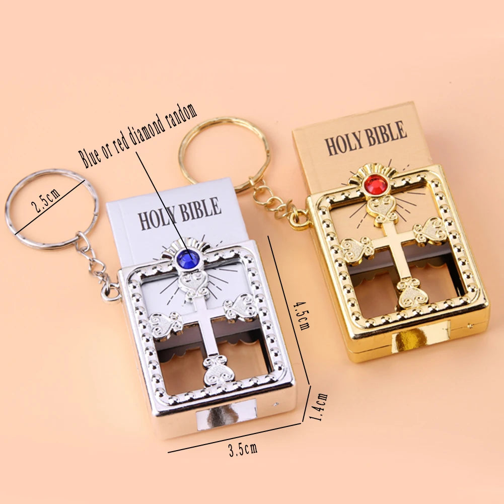 New 1PC Mini English HOLY BIBLE Keychain Christian Jesus Cross Muslim Keyrings Real Paper Can Read Prayer God Bless Key Holder