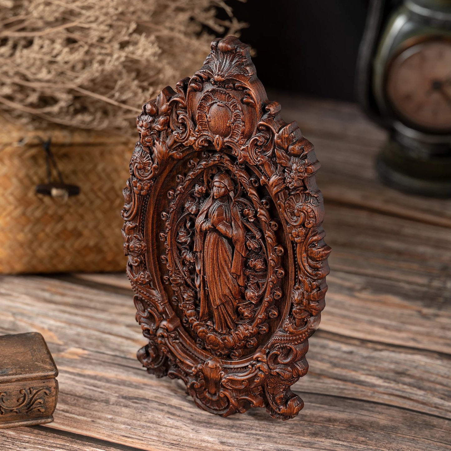 Virgin Mary wooden statue, wall decoration, Catholic prayer church, religious figure