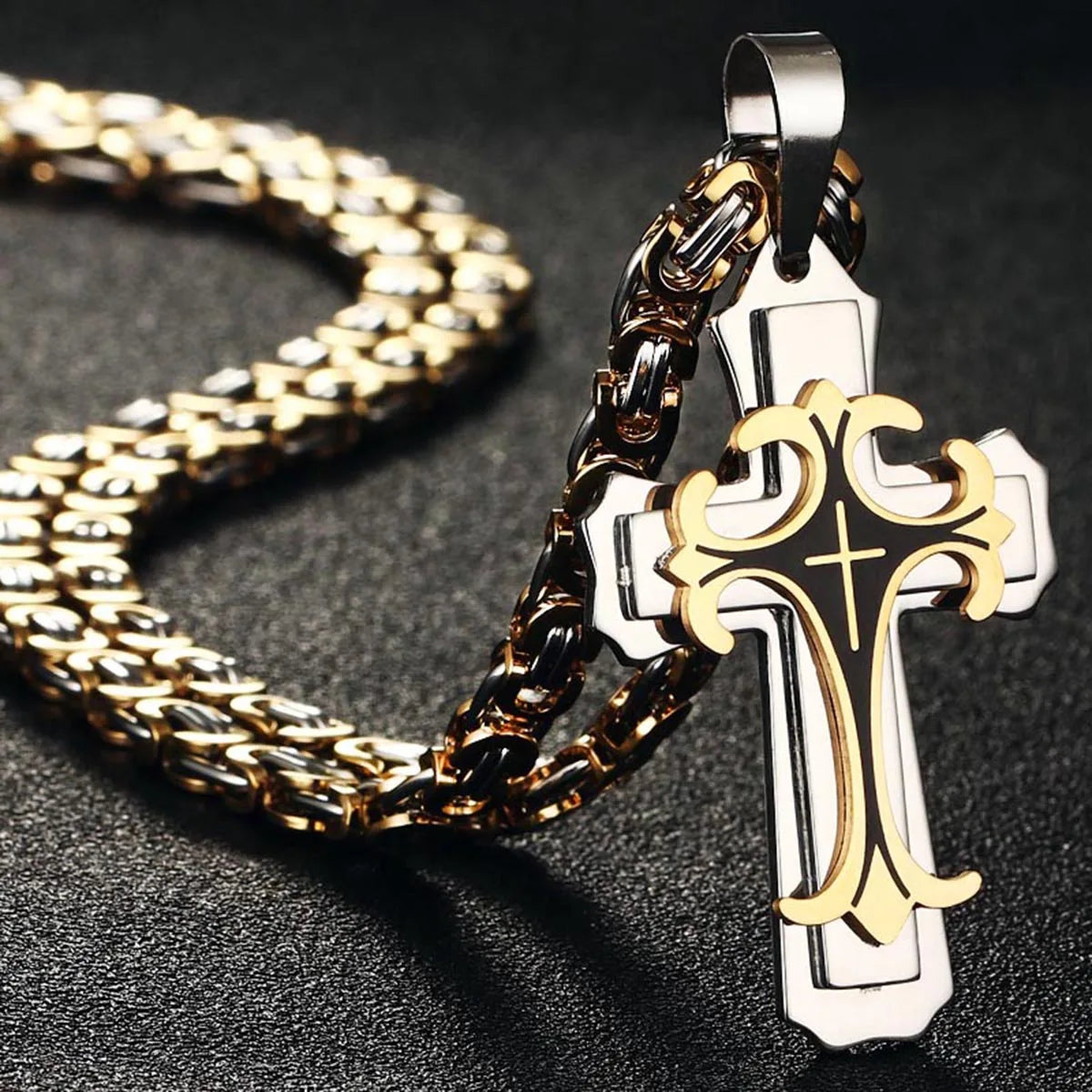 Christian Trinity Latin Cross Necklace for Men Stainless Steel Three Layers Cross Pendants Necklaces Jewelry Gift