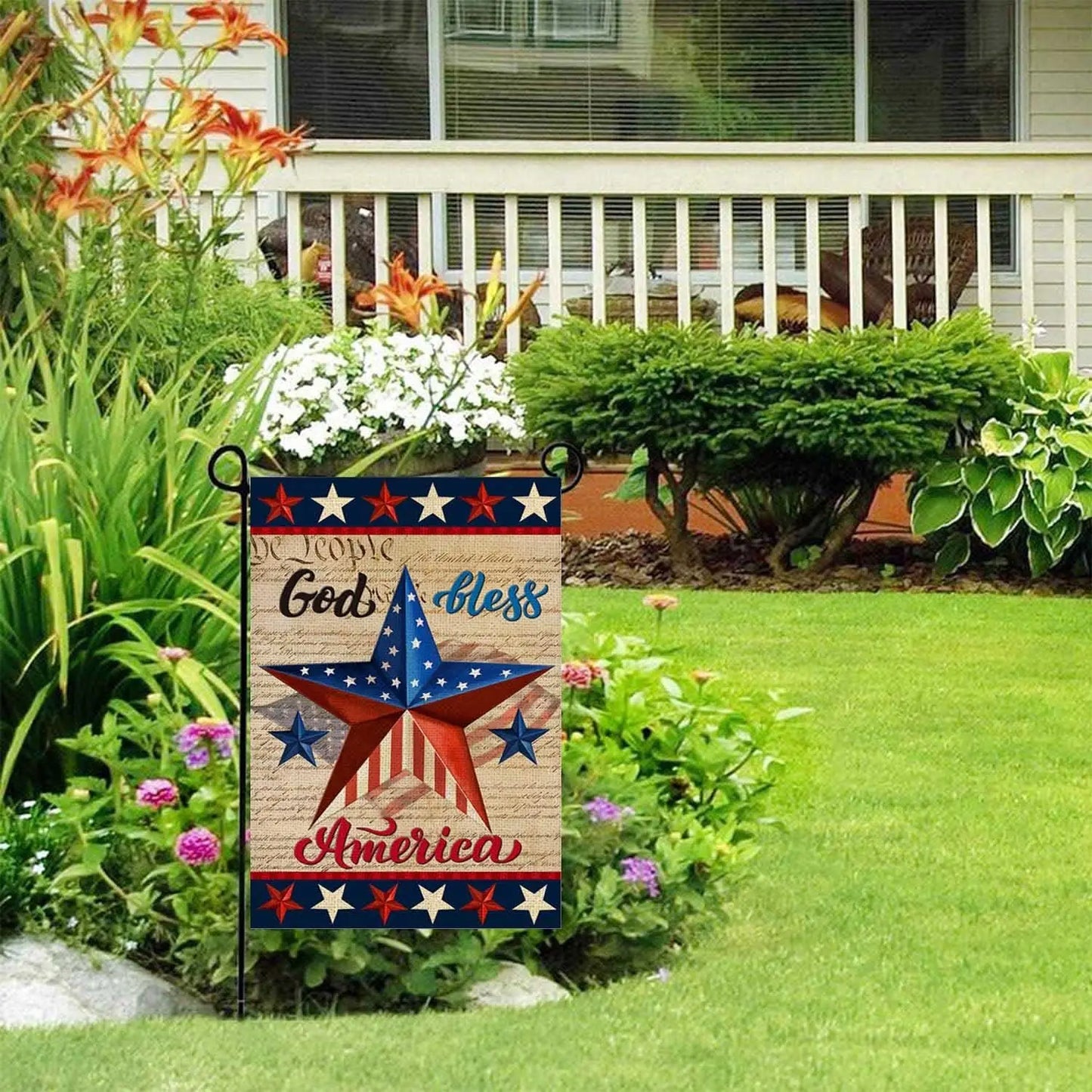 Patriotic God Bless America 4th of July Garden Flag 12 x 18 Inch Vertical Double Sided Blue Red Star Independence Day Memorial D