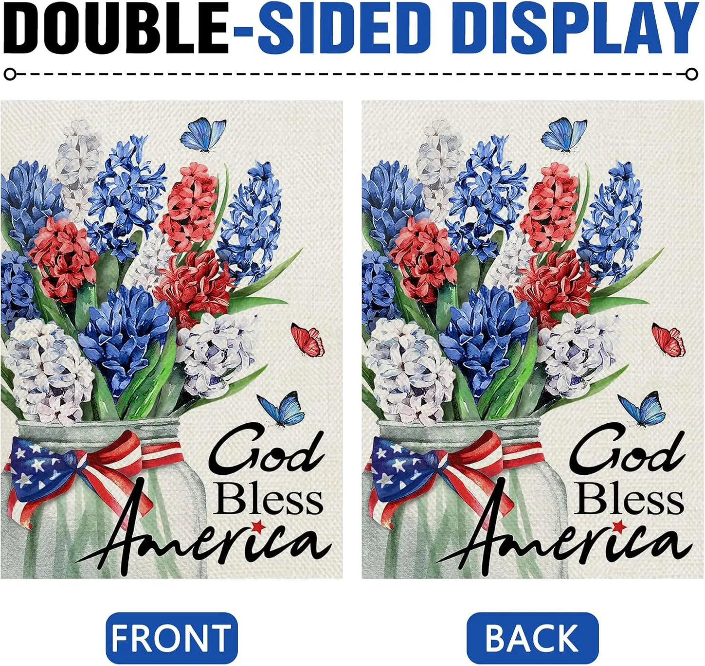 Dyrenson God Bless America 4th of July Patriotic Decorative Garden Flag, American Hyacinth Floral Flower Mason Jar Yard Outside