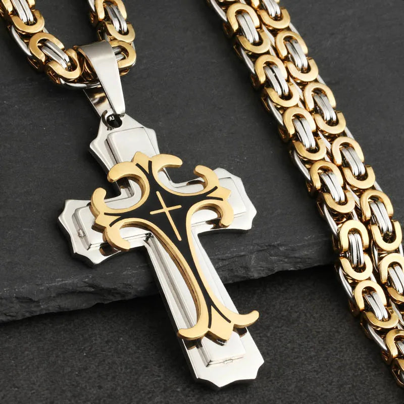 Christian Trinity Latin Cross Necklace for Men Stainless Steel Three Layers Cross Pendants Necklaces Jewelry Gift