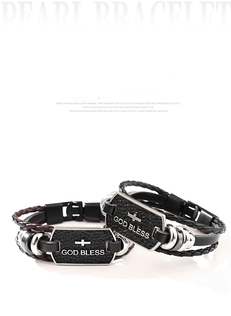 God Bless Bible Cross Bracelets,Vintage Braided Leather Bangles,Men Letter Religious Jewelry