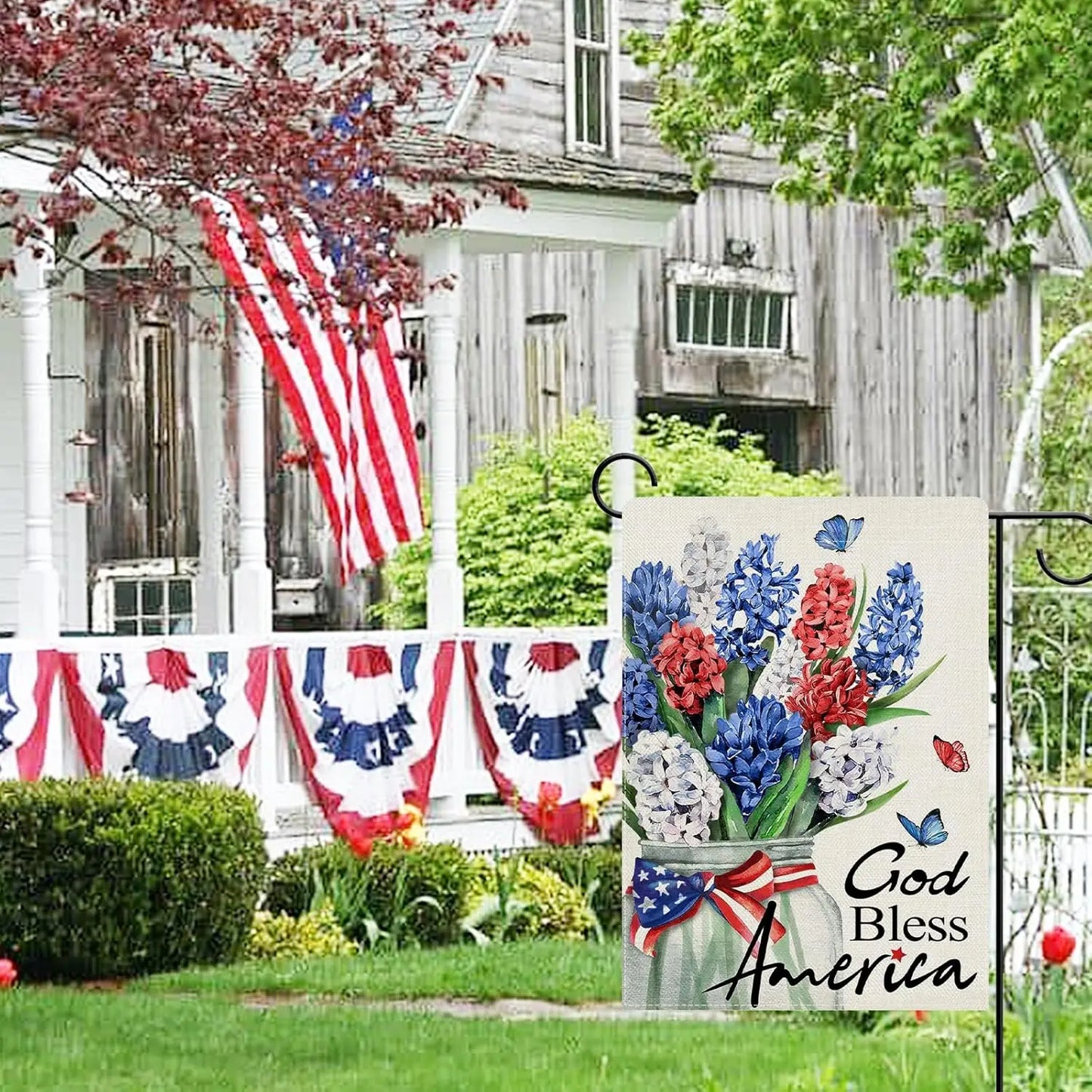 Dyrenson God Bless America 4th of July Patriotic Decorative Garden Flag, American Hyacinth Floral Flower Mason Jar Yard Outside