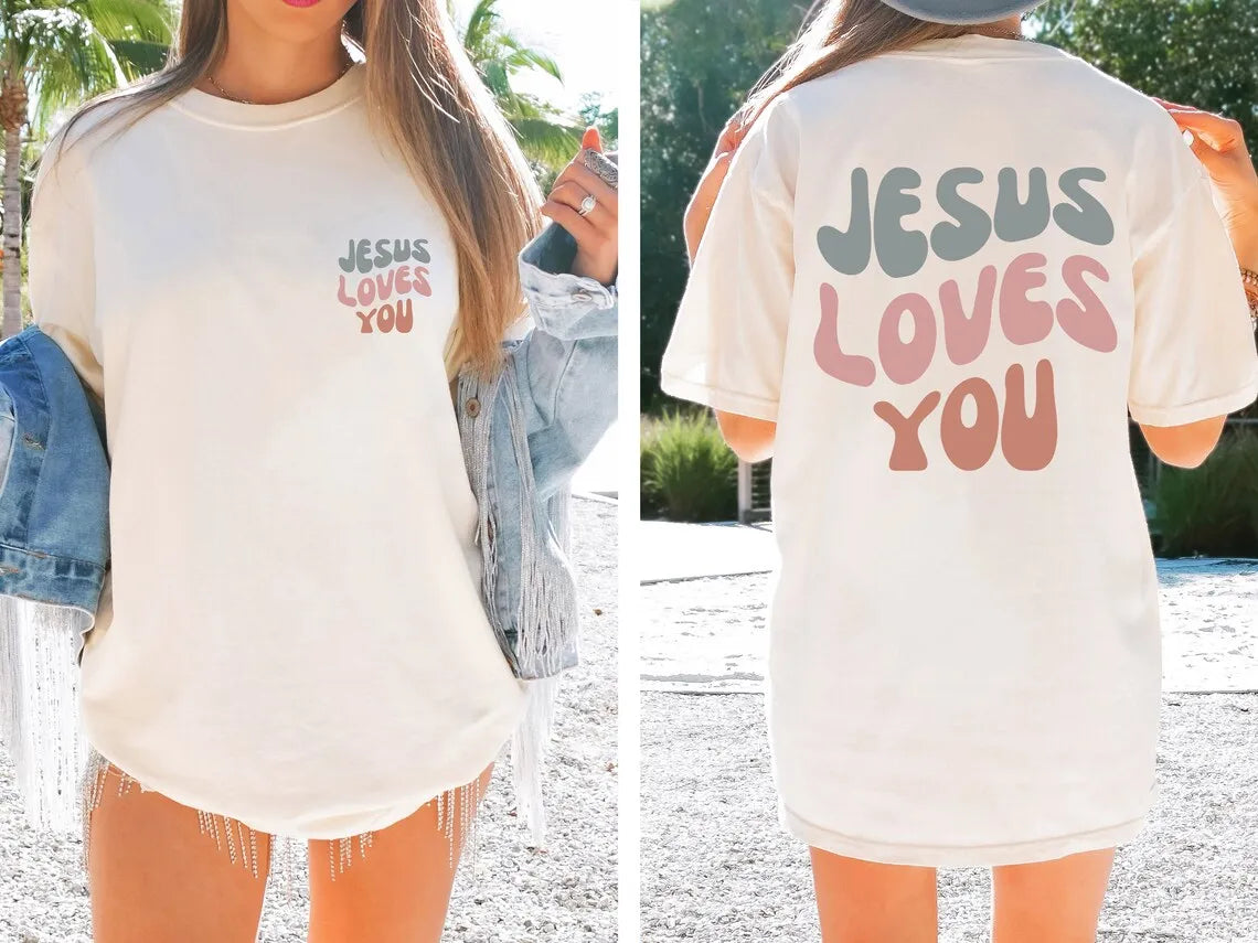 Jesus Loves Me Letter Prints T-Shirts For Women Fashion O-Neck Cotton Tees Tops Casual Loose Soft Short Sleeve Female Clothing