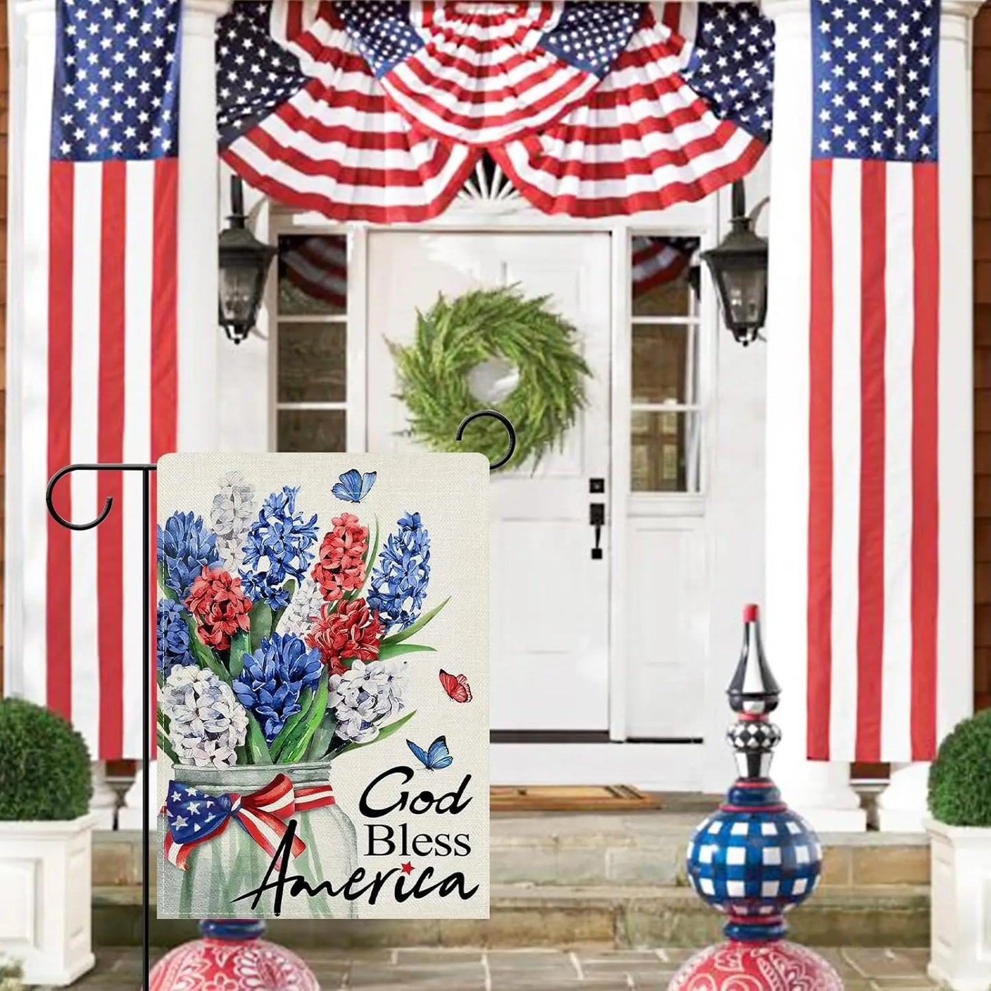 Dyrenson God Bless America 4th of July Patriotic Decorative Garden Flag, American Hyacinth Floral Flower Mason Jar Yard Outside