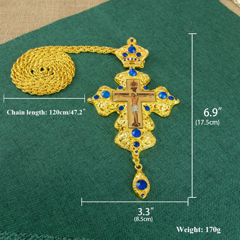 Greek Gold Plated Alloy Orthodox Pendant Pectoral Cross with Jesus Icon Necklace