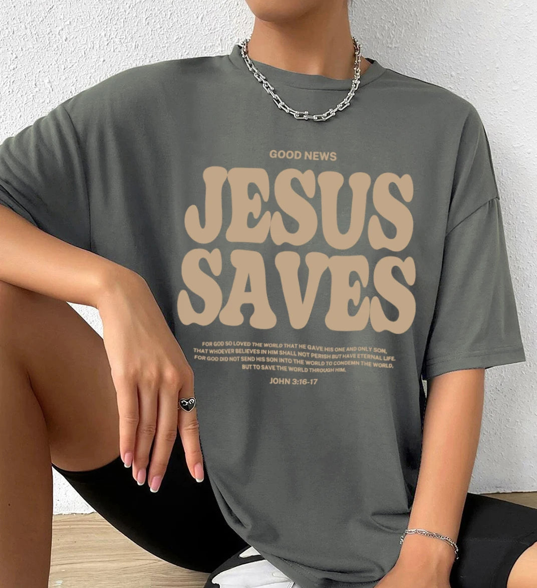 Good News Jesus Saves for God Oversized T-Shirt Jesus Apparel Christian Loose Tee Women Trendy Casual Cotton Aesthetic Top