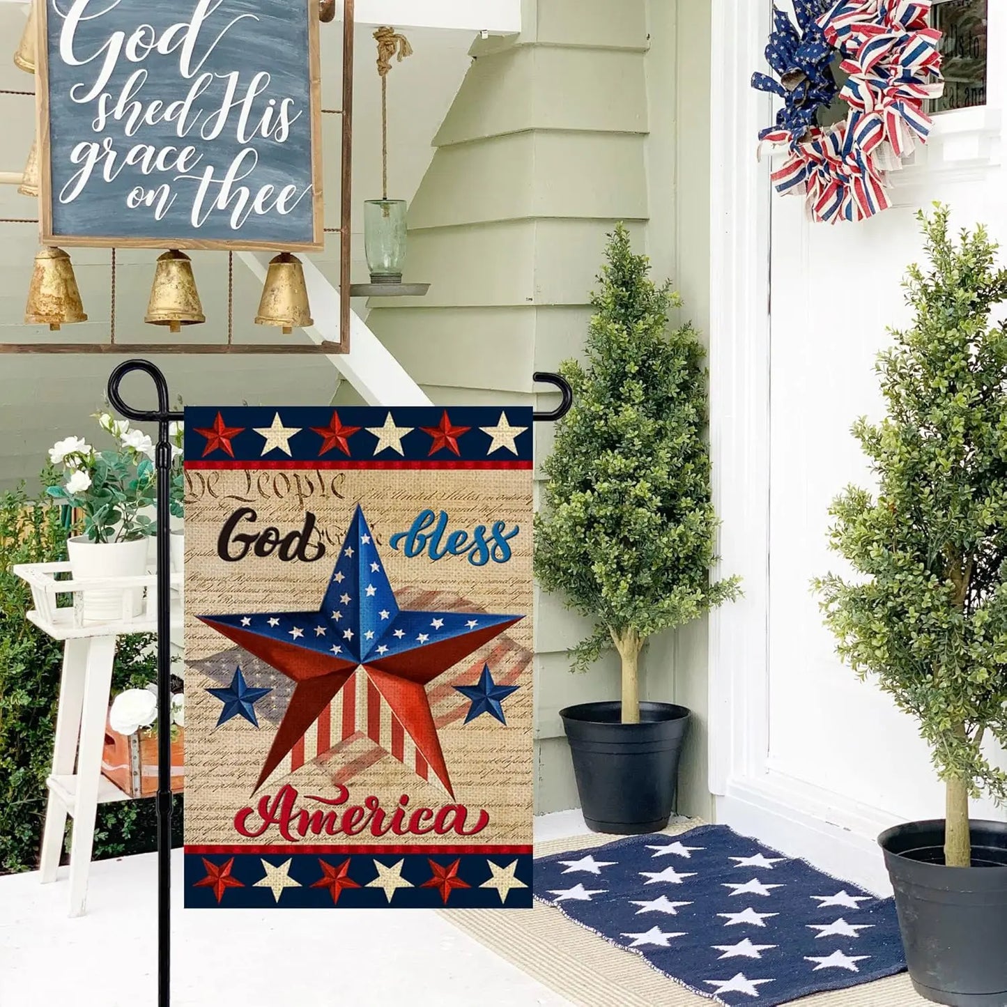 Patriotic God Bless America 4th of July Garden Flag 12 x 18 Inch Vertical Double Sided Blue Red Star Independence Day Memorial D