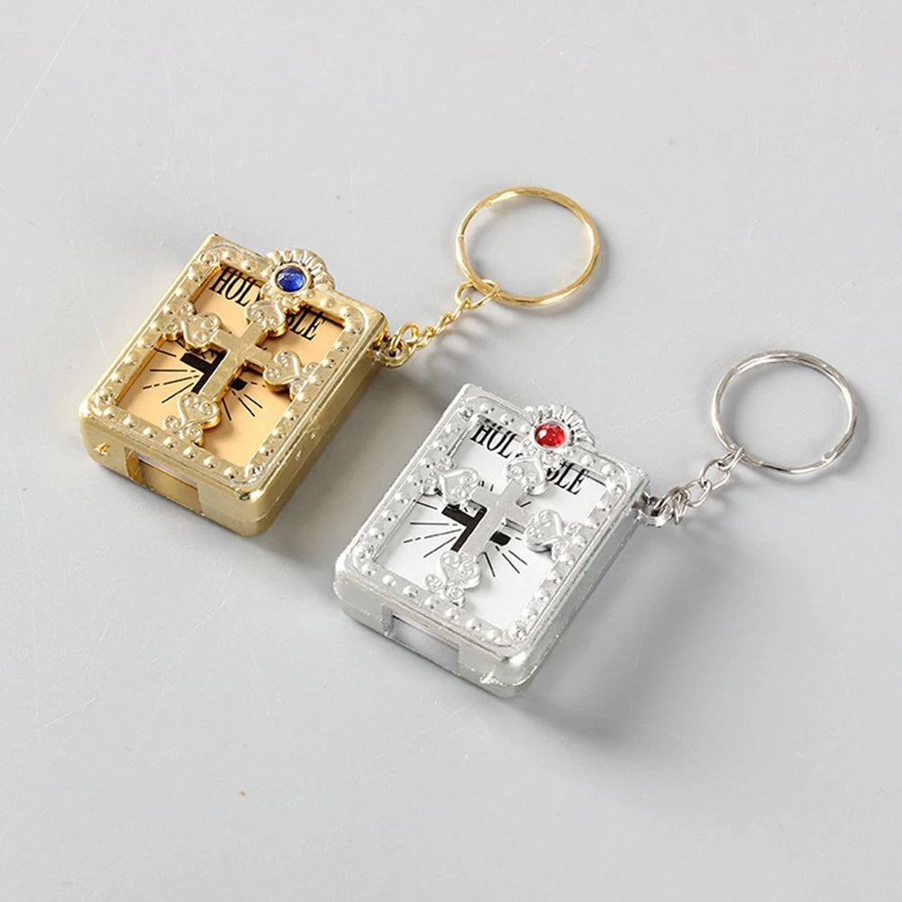 New 1PC Mini English HOLY BIBLE Keychain Christian Jesus Cross Muslim Keyrings Real Paper Can Read Prayer God Bless Key Holder