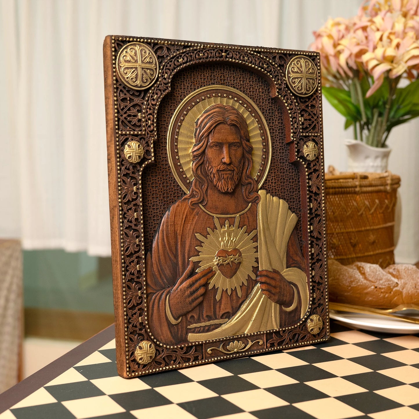 Sacred Heart of Jesus Catholic Jesus Statue Religious Wooden Plaque Wall Hanging Church Room Home and Decoration Christmas Gift