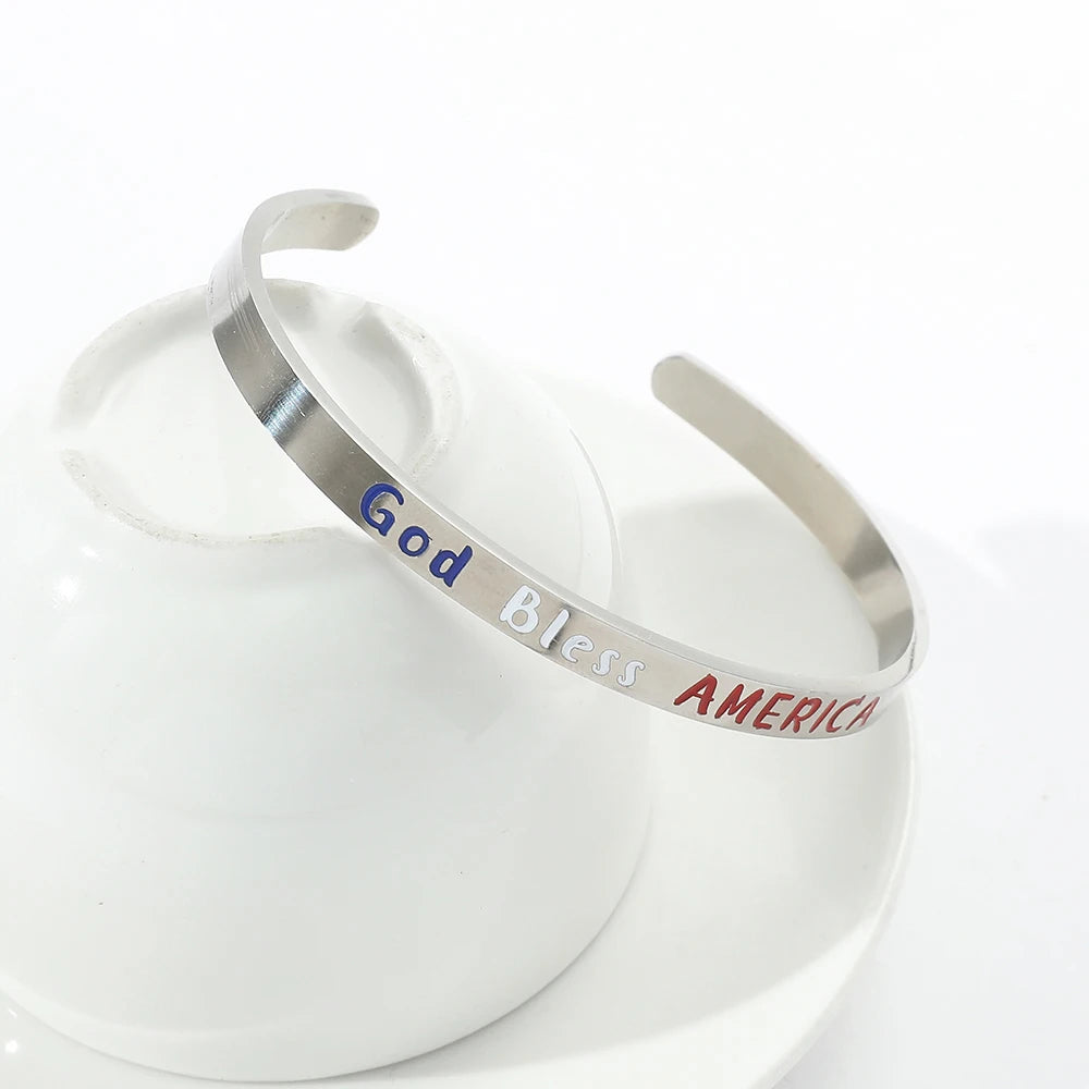 God Bless America Bangle Stainless Steel Carvings Letter Bracelets for Women Jewelry Accessories