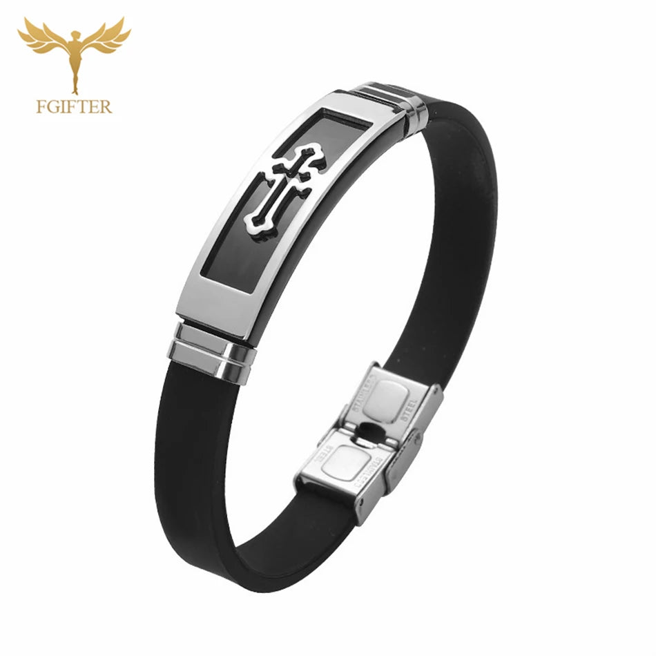 Stainless Steel Cross Bracelets Bangles Black Soft Silicone Wristband Buckle Bracelet Women Men Christianity Jewelry Pulseras