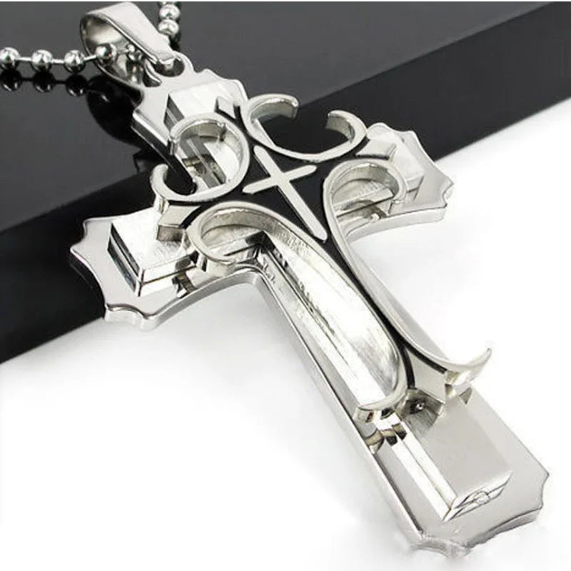 Vintage Mens Jewellery Cross Necklace for Men Christian Totem Relief Amulet Pendant Handsome Stainless Steel Necklace Punk Party