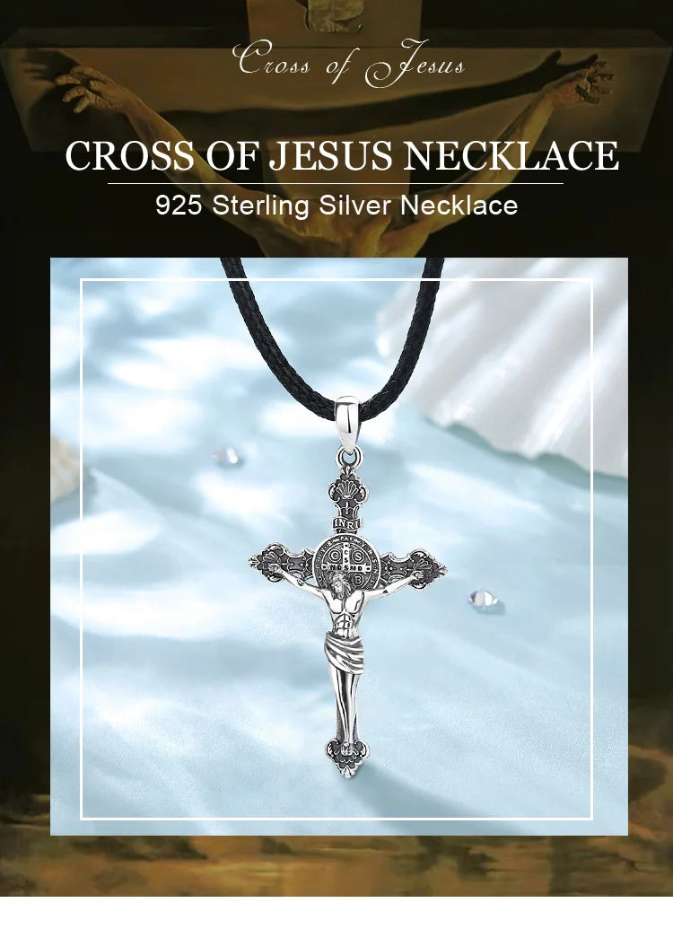 Eudora 925 Sterling Silver Jesus Necklace St. Benedict's Cross Vintage Amulet Pendant Religious Jewelry Gift for Men Women