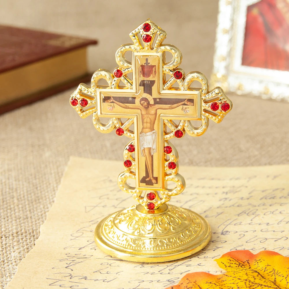 2024 New Church Supplier Metal Jesus Icon Crucifix Orthodox Table Cross With Stand For Prayers Jerusalem Home Decor