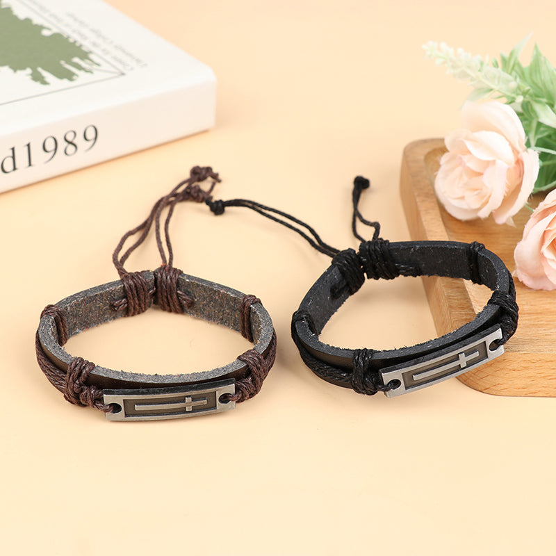 Jesus Christian Religious Brown Black Cross Leather Bracelet For Men Women Vintage Jewelry Bracelets & Bangles