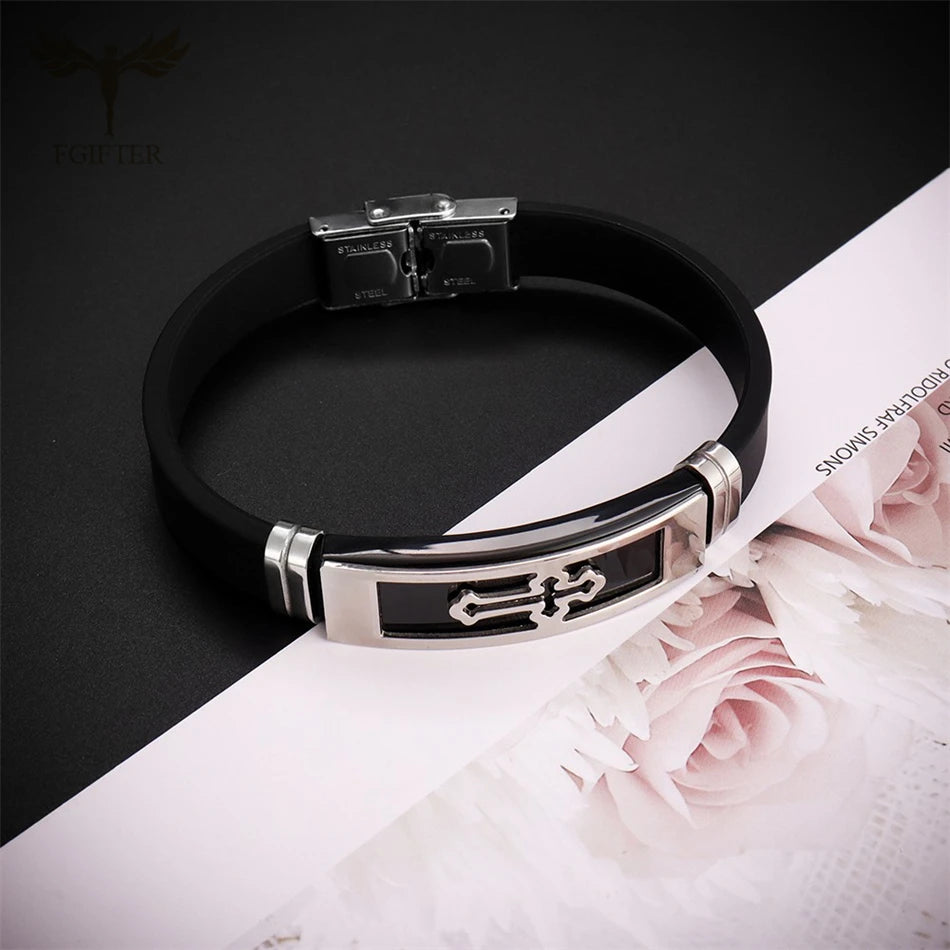 Stainless Steel Cross Bracelets Bangles Black Soft Silicone Wristband Buckle Bracelet Women Men Christianity Jewelry Pulseras