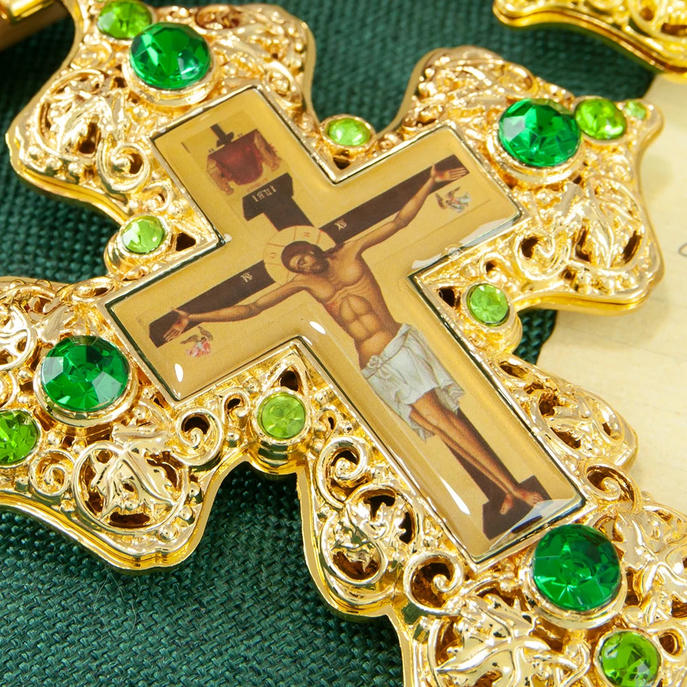 Greek Gold Plated Alloy Orthodox Pendant Pectoral Cross with Jesus Icon Necklace