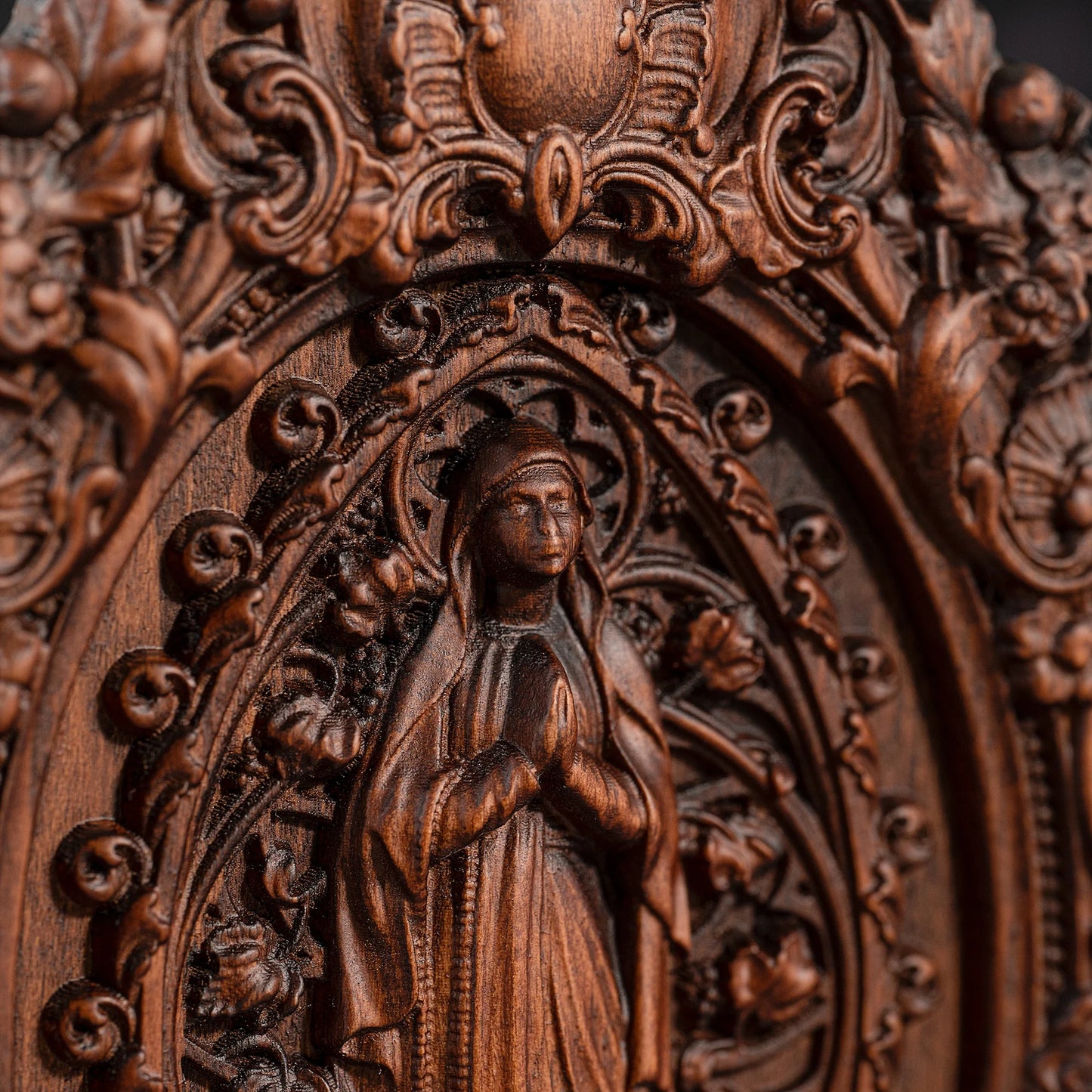 Virgin Mary wooden statue, wall decoration, Catholic prayer church, religious figure