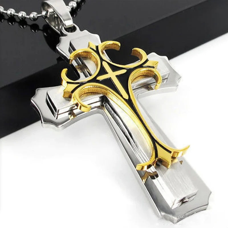 Vintage Mens Jewellery Cross Necklace for Men Christian Totem Relief Amulet Pendant Handsome Stainless Steel Necklace Punk Party