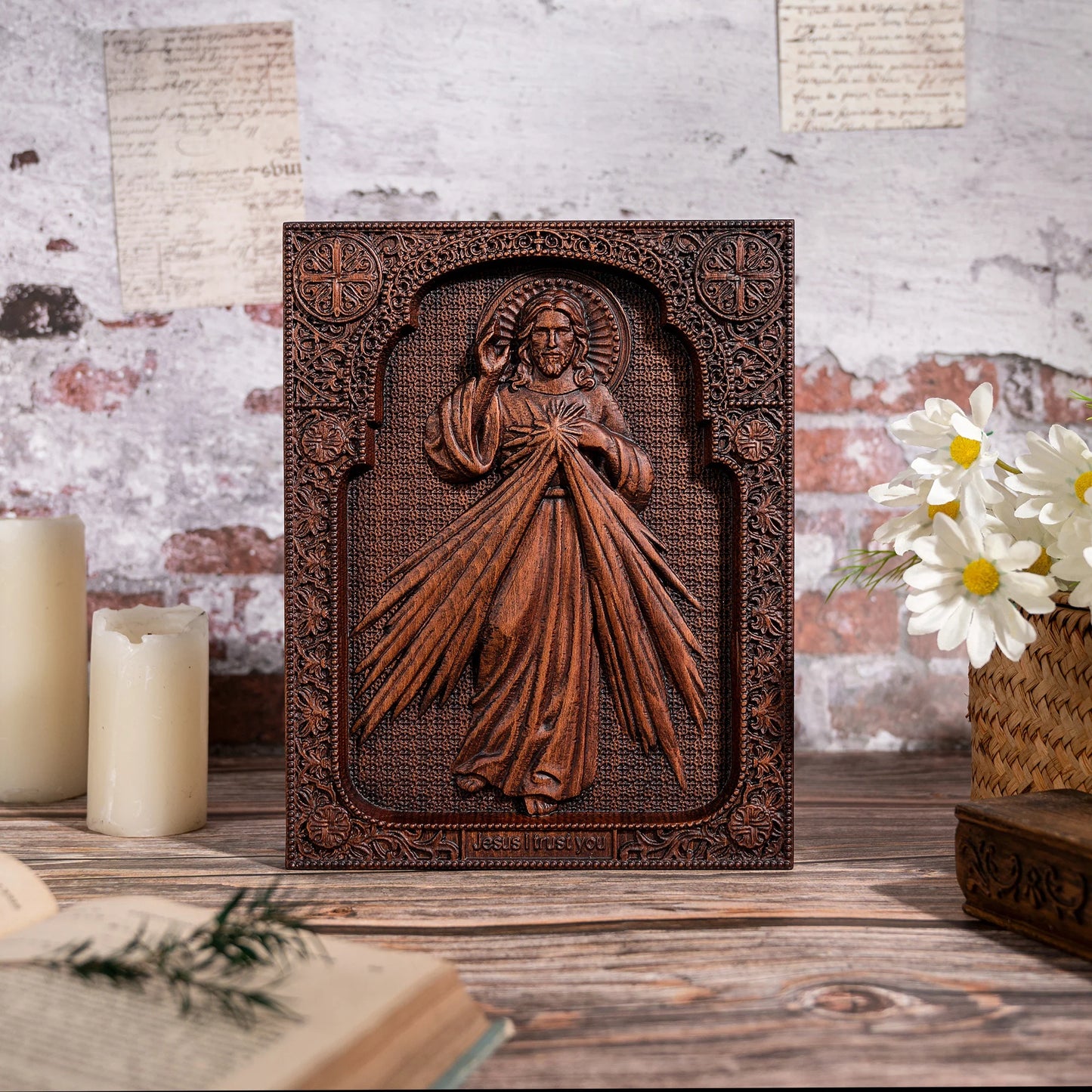 The Sacred Heart and Divine Mercy Jesus Christ Wood Wall Plaque, Catholic Family Prayer, Jesus Image, Religious Item