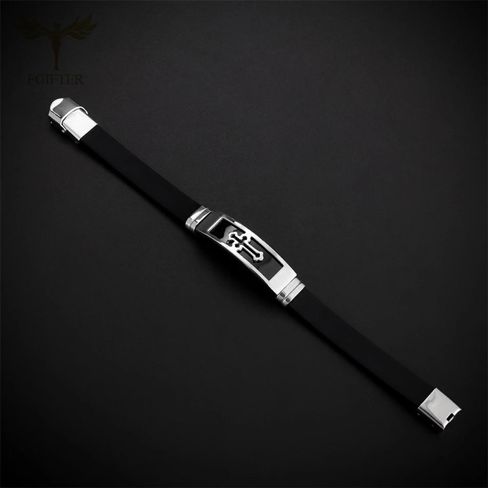 Stainless Steel Cross Bracelets Bangles Black Soft Silicone Wristband Buckle Bracelet Women Men Christianity Jewelry Pulseras