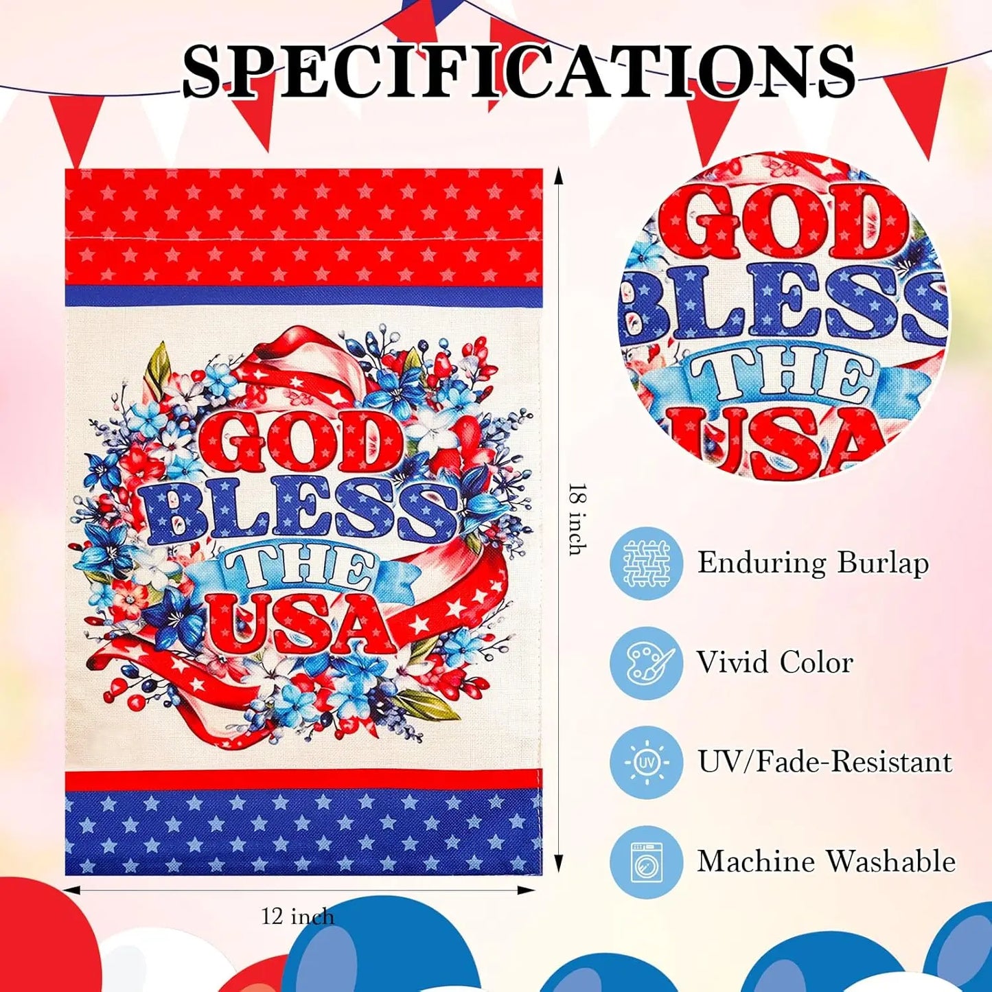 God Bless The USA 4th of July Home Decorative 12x18 Inch Garden Flag, Double Sided for Outside Patriotic Burlap USA Independence