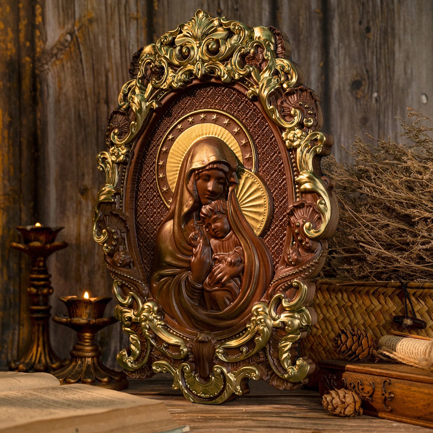 Virgin Mary and Baby Jesus Wood Carving, Catholic Religious Home Hanging Decoration, Christian Saints Gift