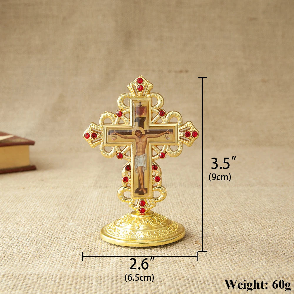 2024 New Church Supplier Metal Jesus Icon Crucifix Orthodox Table Cross With Stand For Prayers Jerusalem Home Decor