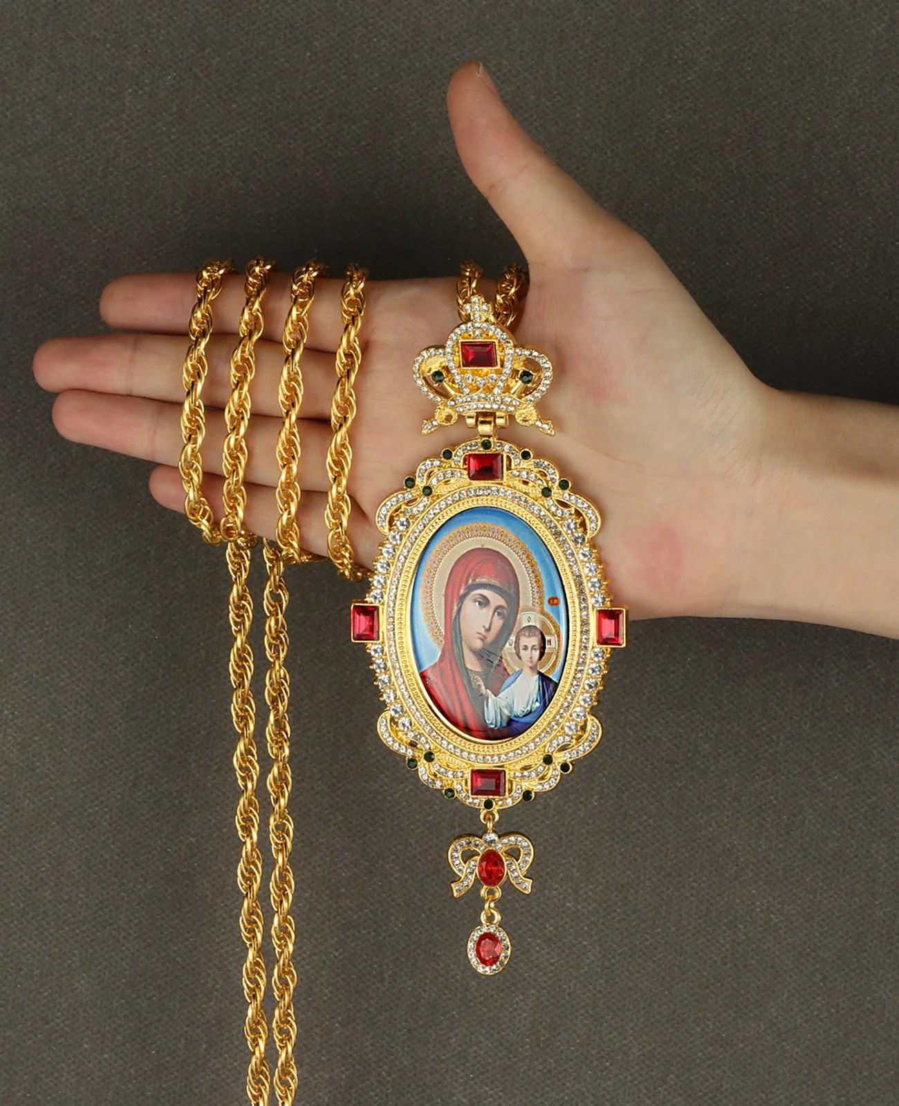 Cottvott Large Oval Orthodox Our Lady Jesus Pendant Surrounded Luxury Rhinestone Pectoral Necklace Long Chain Prayer Jewelry