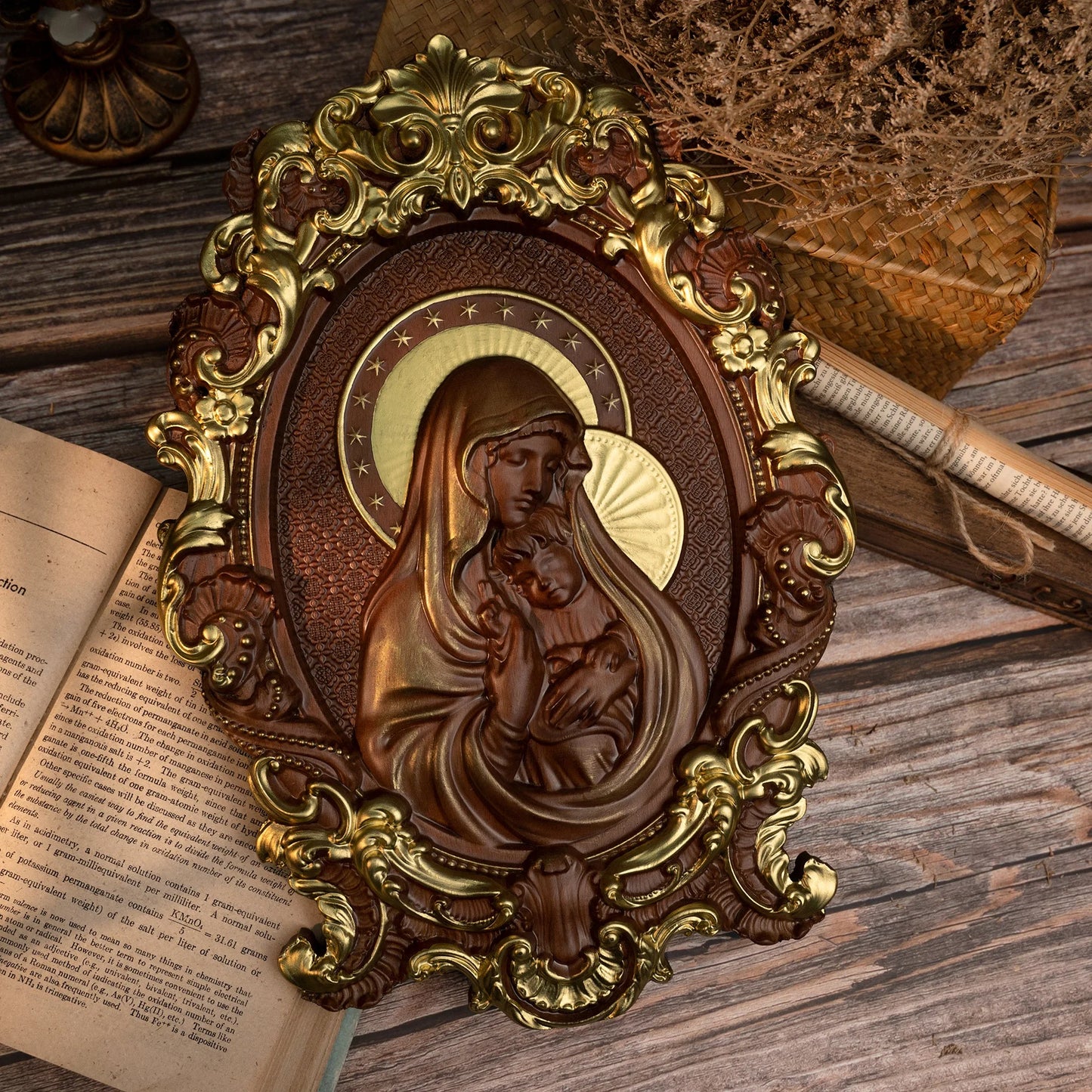 Virgin Mary and Baby Jesus Wood Carving, Catholic Religious Home Hanging Decoration, Christian Saints Gift