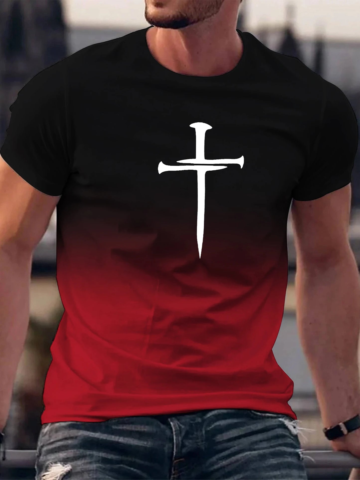 Christian Cross Pattern Print Men's Comfy O-Neck T-shirt Graphic Tee Summer Clothes Outfits  t shirts bibble