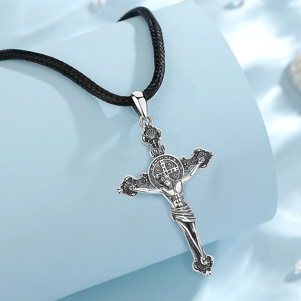 Eudora 925 Sterling Silver Jesus Necklace St. Benedict's Cross Vintage Amulet Pendant Religious Jewelry Gift for Men Women