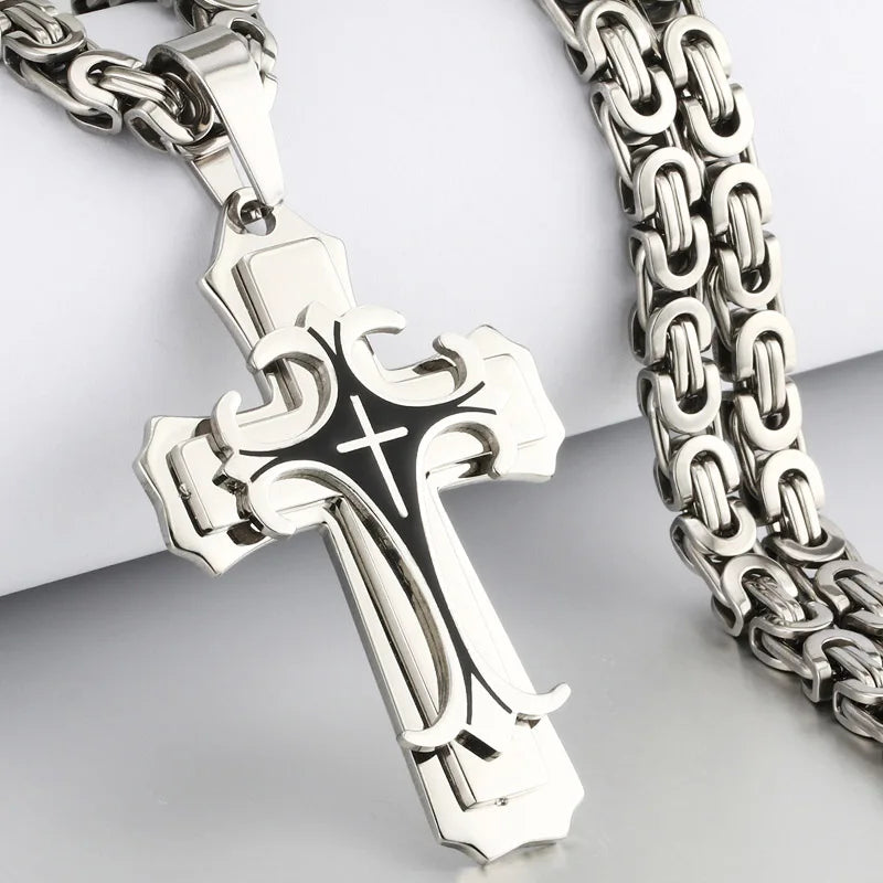 Christian Trinity Latin Cross Necklace for Men Stainless Steel Three Layers Cross Pendants Necklaces Jewelry Gift